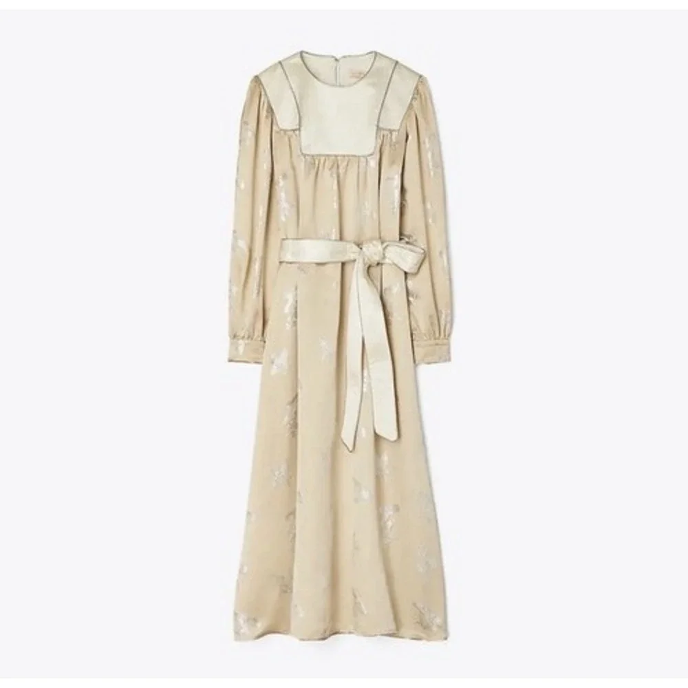 Tory Burch Mushroom Lurex Satin Gown Womens M Champagne Jacquard dress luxury - Picture 2 of 13